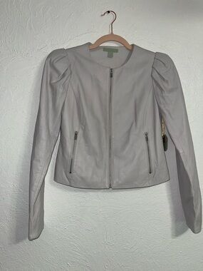 NWT Grey Genuine Leather Jacket | Puff Shoulder Cropped Moto | XS